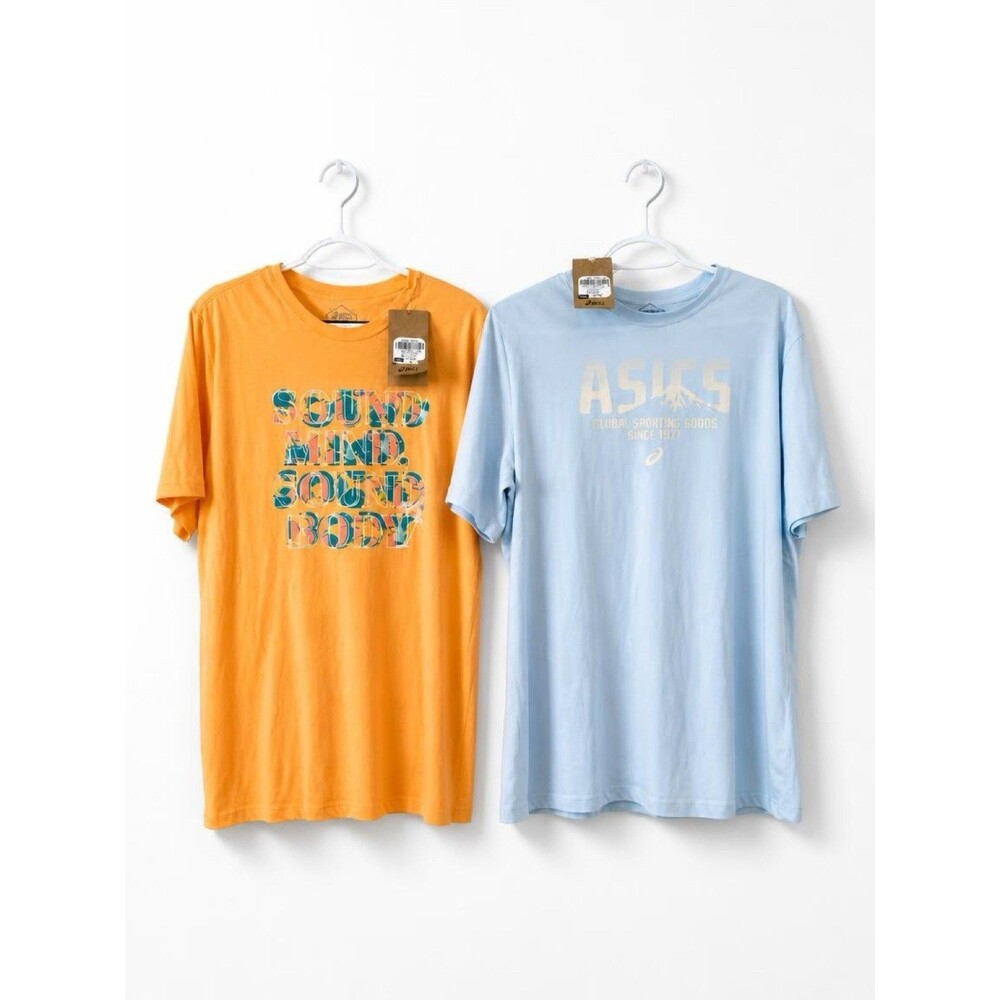 ASICS Mens Graphic T Shirt Short Sleeve Casual Large Bundle 2pcs Blue/Orange NEW